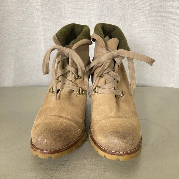 UGG Calynda Tan Suede Leather Heeled Booties Lace Up Sz 8 Shearling Lined Fall - Picture 2 of 11